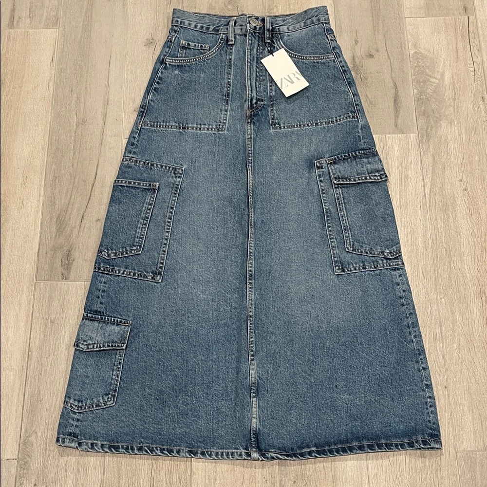 NWT Zara Denim Cargo Maxi Skirt Blue Size XS
